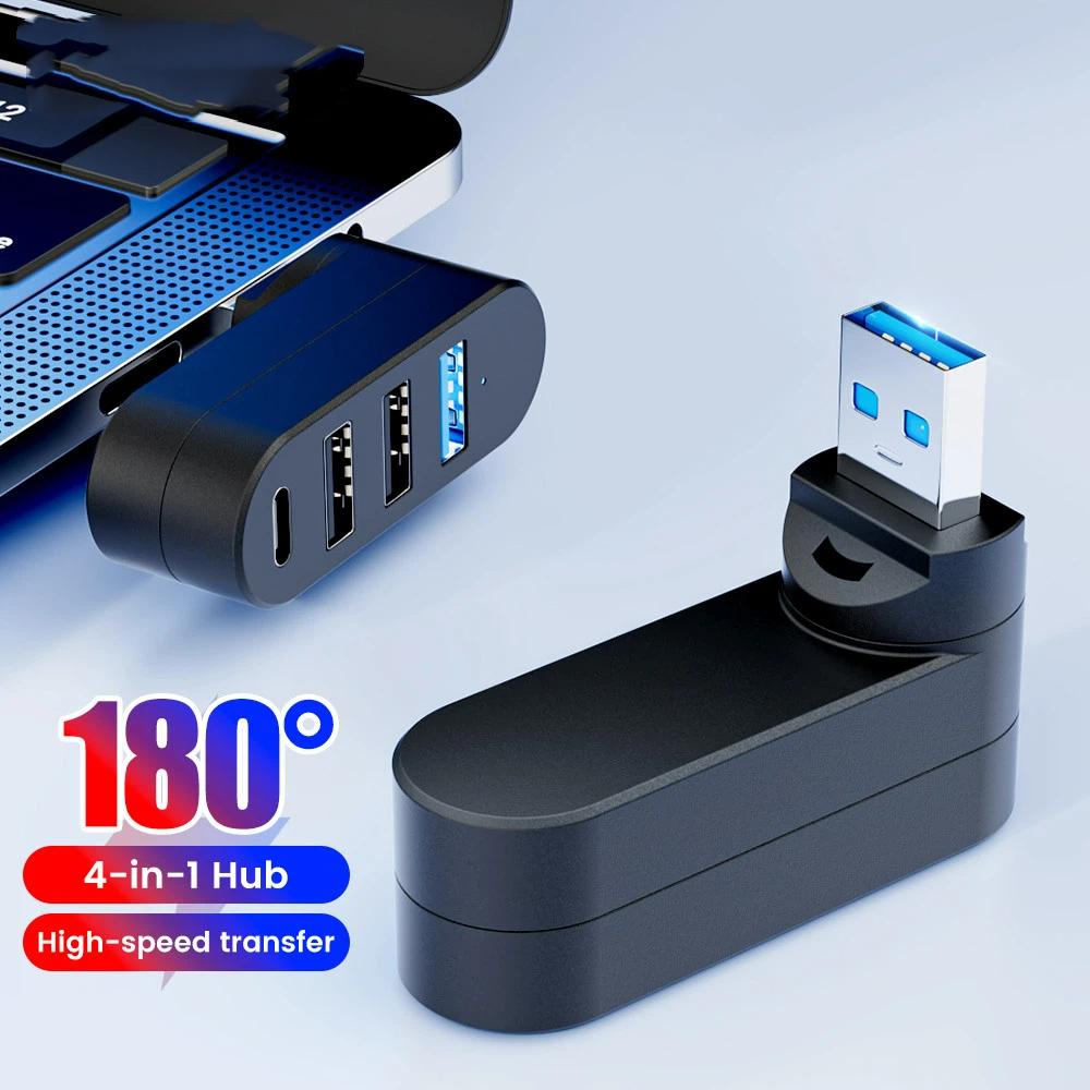 Mini 180° Rotatable 4 Ports USB 3.0 2.0 Hub Type C High Speed Data Transfer U Disk Splitter Adapter For Laptop MacBook PC