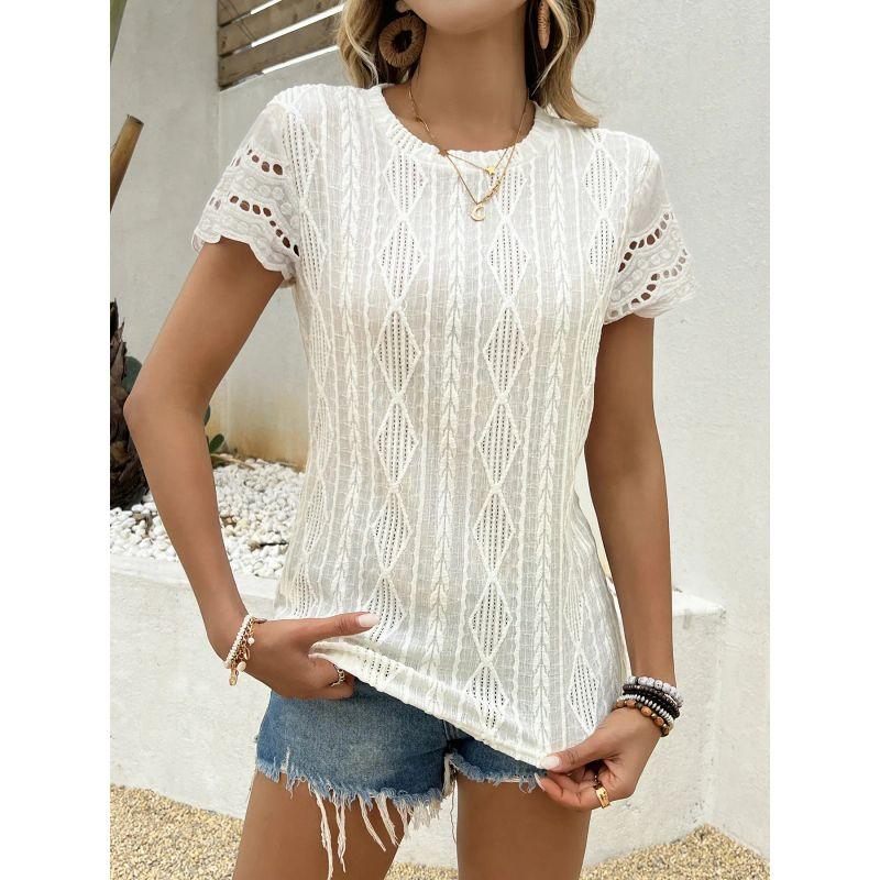 European and American New Fashion round Neck Hollow out Short sleeve round Neck T-shirt Top Women Women's T-shirt Top