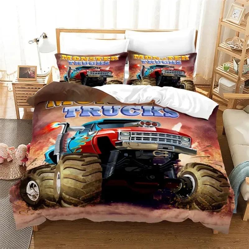 Cartoon Monster Truck Cool Vehicle Off Road Vehicle Bedding Set Boys Girls Twin Queen Size Duvet Cover Pillowcase Bed Kids Adult