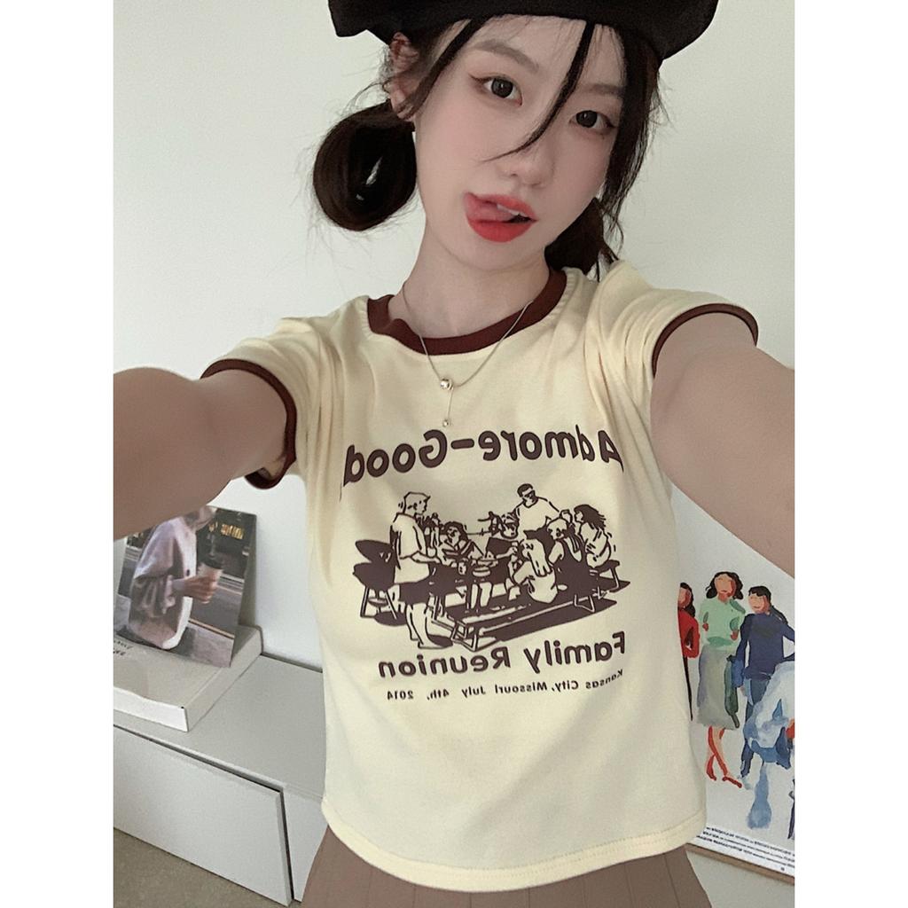 Women's Crew Neck Short Sleeve Slim Fit Letter Print Cropped Tee Casual Top