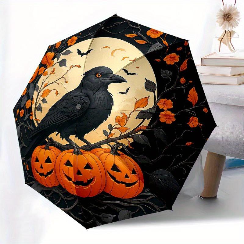 Halloween Pumpkin Patch with Crow Umbrella, Portable 3-Fold Compact Umbrella for Men & Women R144