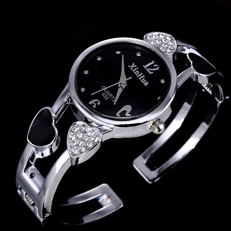 Xinhua Fashion Women Stainless Steel Bracelet Watch Bangle Lover Heart Shape Wristwatches Female Best Gift Clock Relogios