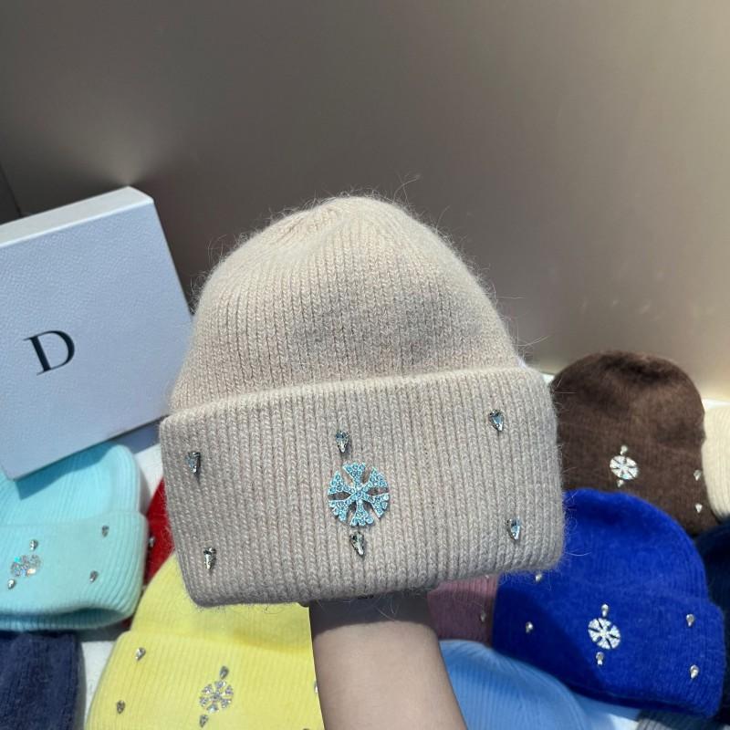 Winter Warm Knit Hat Rabbit Fur Faux Snowflake Rhinestone Earflap Beanie Fashionable Soft