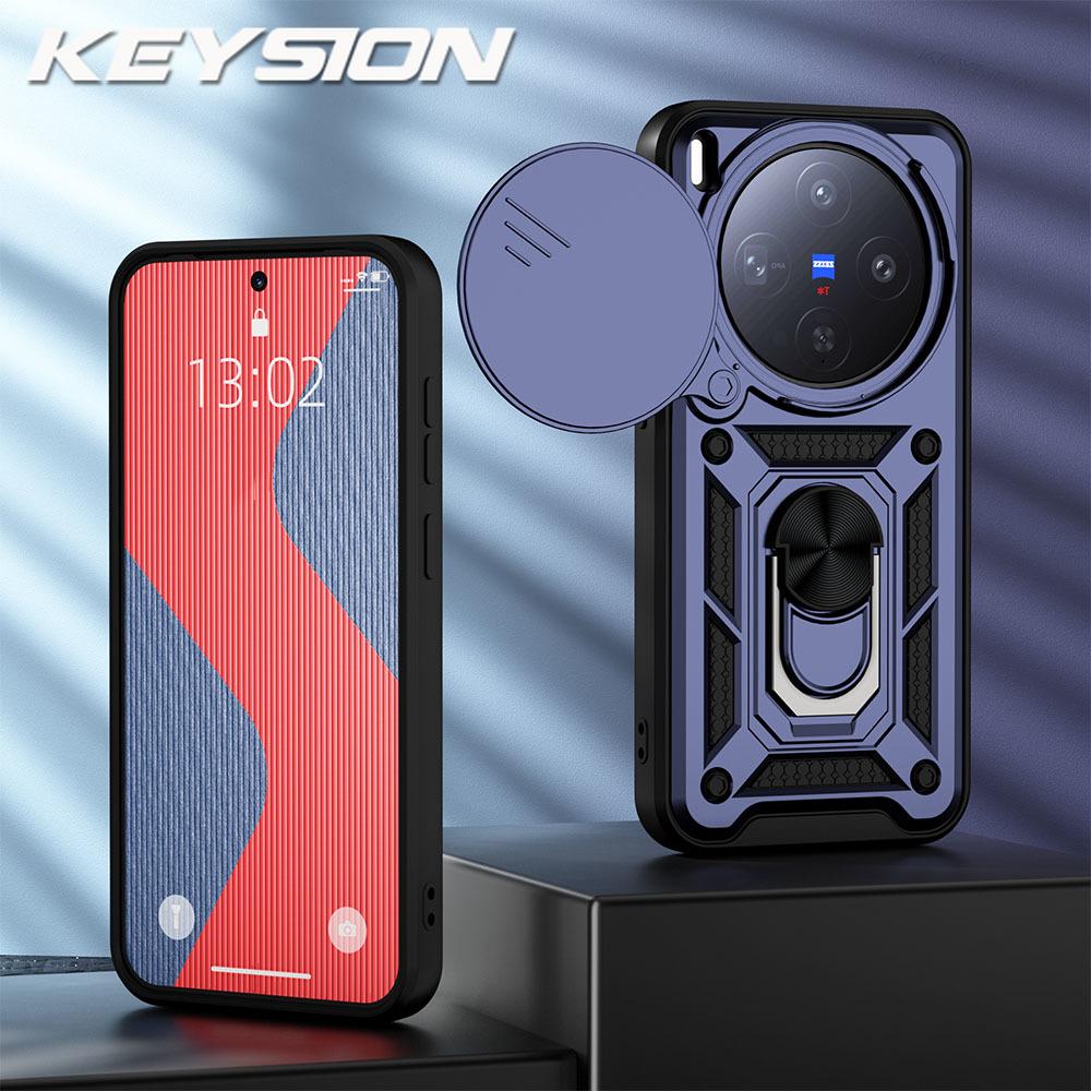 KEYSION Shockproof Armor Case for VIVO X300 Pro 5G Silicone+PC Slide Camera Lens Protection Ring Stand Phone Cover for VIVO X300