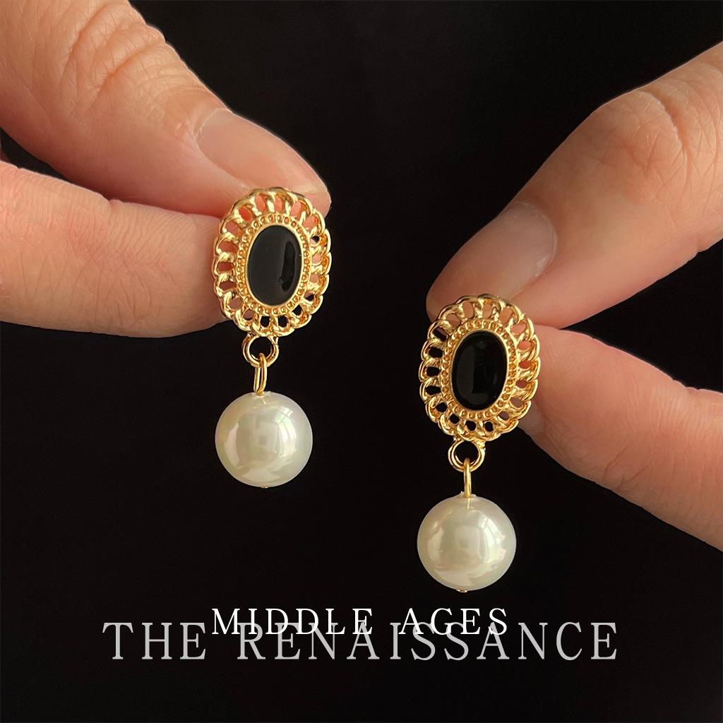 Легкие средневековые французские придворные серьги с покрытием 14K, серьги с черным жемчугом и эмалью