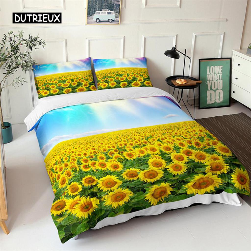 Sunflower Duvet Cover Set Yellow Flower Twin Bedding Set Polyester Black Gold Yellow Sunflowers Print Quilt Cover for Kids Teens