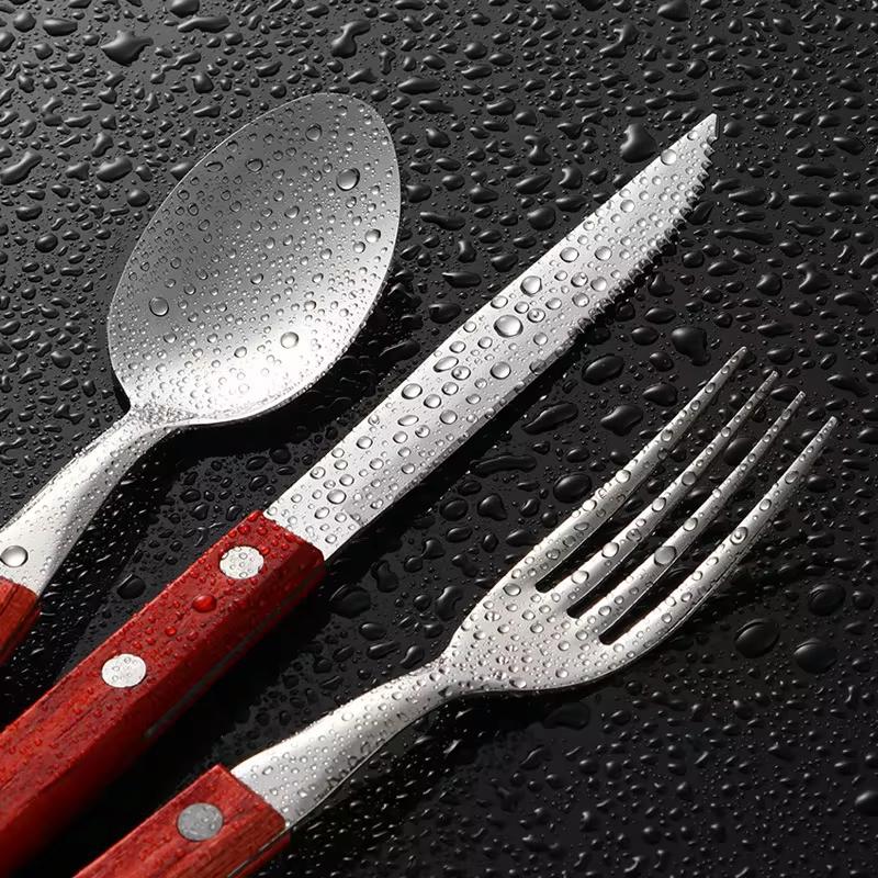 5Pcs Wooden Handle Cutlery Set 304 Stainless Steel Rivet Dinnerware Wood Handle Spoon Knife Fork Dinner Tableware Set Kitchen