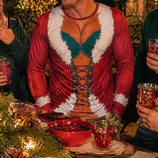 Holiday Themed Cosplay Funny Christmas Shirt, Hilarious 3D Fake Corset Chest Print Crew Neck Ugly Sweatshirt Pullover Top, Novelty Long Sleeve