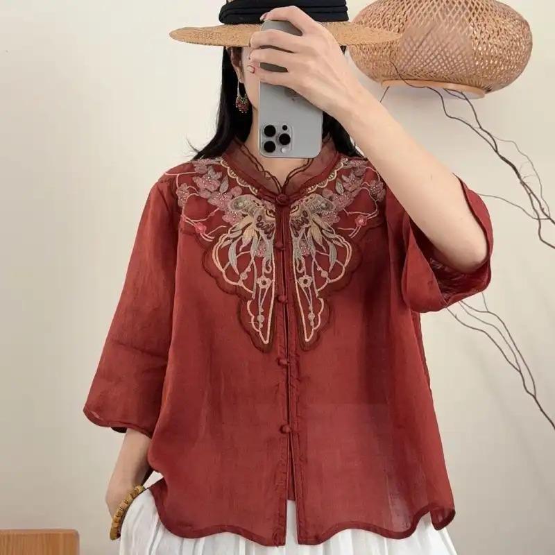 Womens Linen Cotton Embroidered Blouse Casual Mandarin Collar Frog Button 3/4 Sleeve Top M