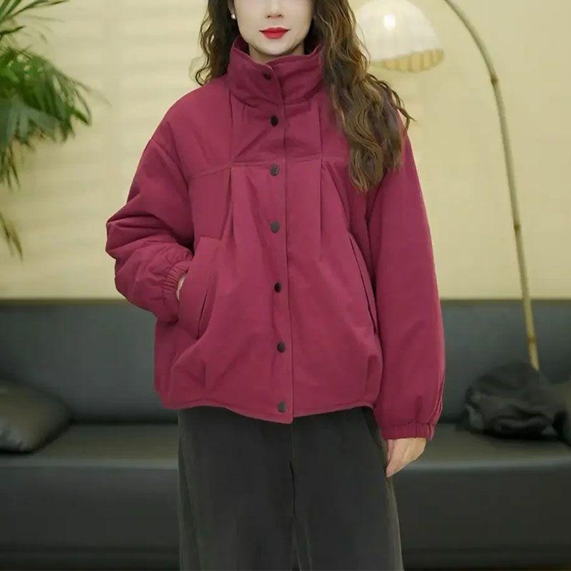 Women’s Winter Solid Color Thickened Warm Cotton Jacket Casual Loose Slimming Versatile Short Basic Outerwear for Daily Wear