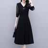 Dream 0121 Plus Size Women's V-Neck Lace Patchwork Dress with Long Sleeves - Slimming, Flattering Black Skirt