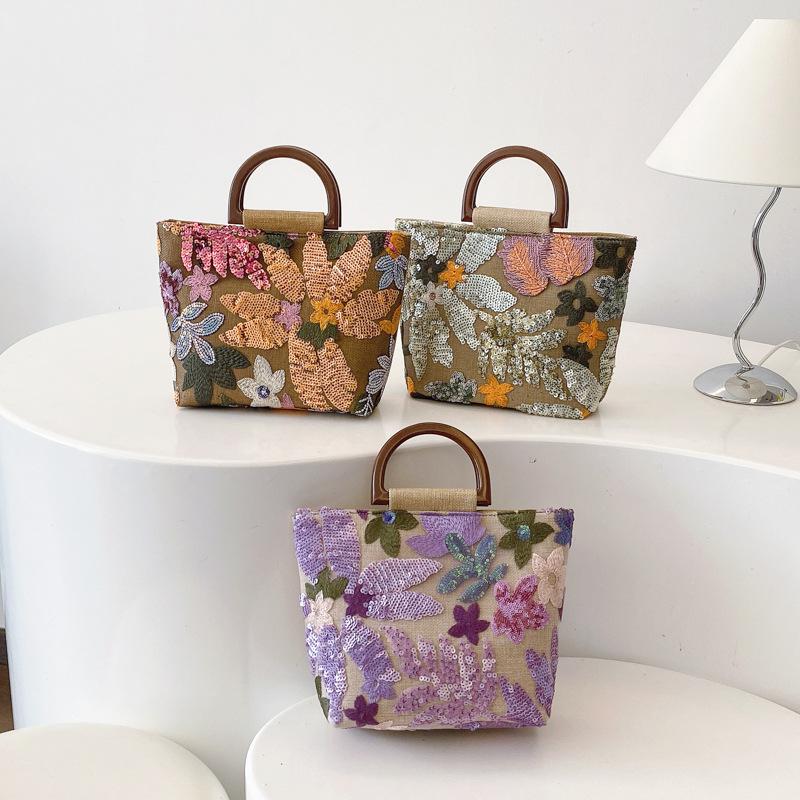 Summer New Arrival Bamboo Handle Elegant Colorful PVC Sequins Linen Embroidery Handheld Tote Bag for Women - Versatile