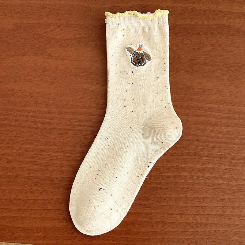 Socks Pure Cotton Stacking Socks Season Idea Yarn Cute Cartoon Embroidered Fungus Edge Cotton Medium Tube Socks