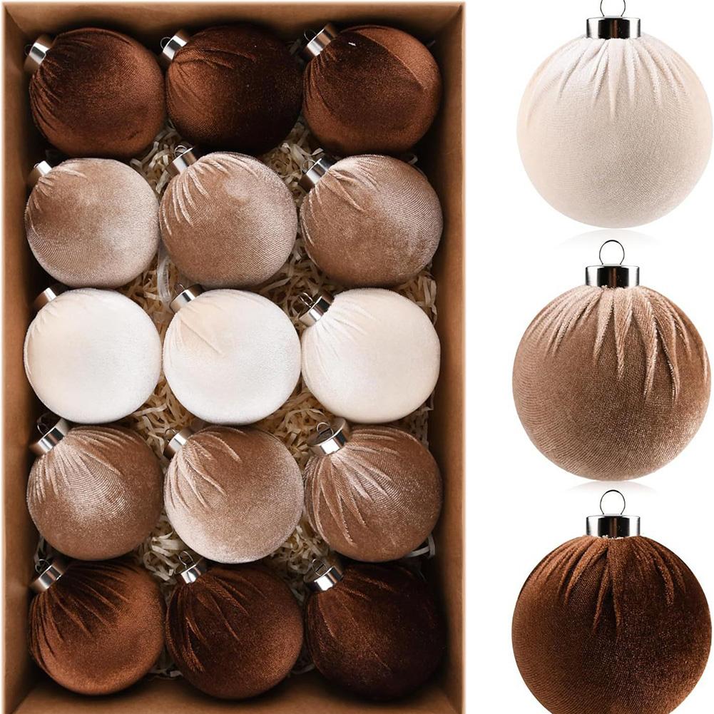 

Коричневые Велюровые Небьющиеся Рождественские Украшения 15 Штук с Петелькой из Ленты и Декоративными Складками для Елки и Дома, Праздничное Использование
