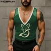 INCERUN Summer Men Deep V Neck Sleeveless Lace Hem Print Casual Tank Tops