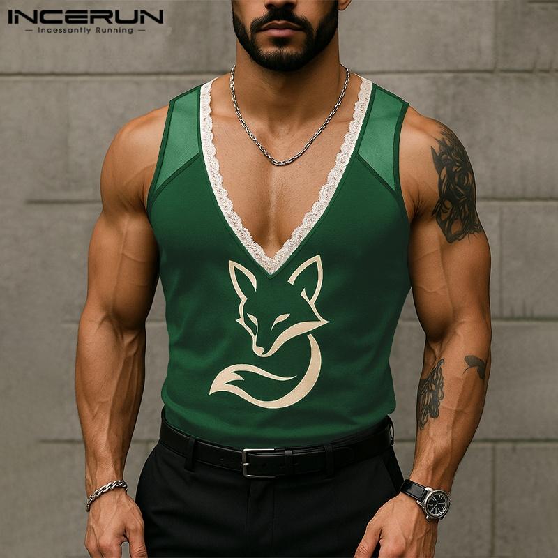 INCERUN Summer Men Deep V Neck Sleeveless Lace Hem Print Casual Tank Tops