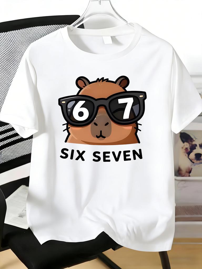 Unisex Red Crew Neck Tee Cool Sunglasses Capybara Six Seven Graphic Soft Cotton Short Sleeve Animal Loose Summer Daily Casual Top