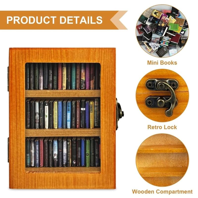 Miniature Bookcase with 60 Books Wood Desktop Bookshelf Decoration For Office Workers Stress Teacher Writer Relief