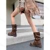 2024 New Retro Fashion Versatile Brown Mid-calf Western Cowboy Boots Round Toe Square High Heel Punk Style Women's Trouser Boots