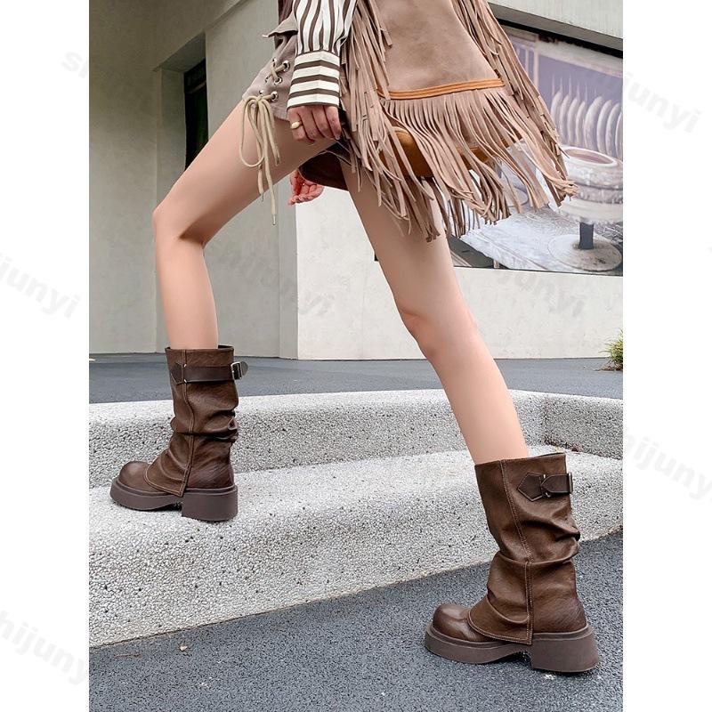 2024 New Retro Fashion Versatile Brown Mid-calf Western Cowboy Boots Round Toe Square High Heel Punk Style Women's Trouser Boots