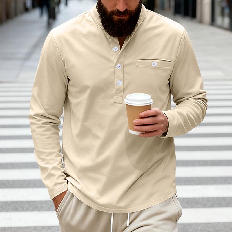 Men Solid Color Long Sleeve Round Neck Button Decor Casual Loose Polo Shirt
