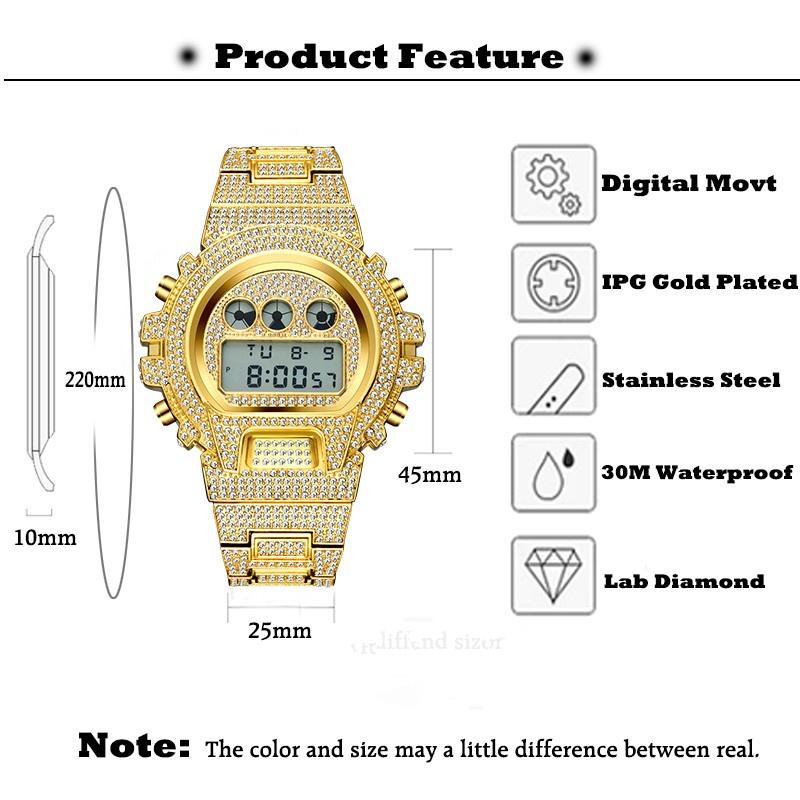 Multi-function Digital Mens Watches Top Luxury Brand LED 18K Gold Watch Men Hip Hop Male Iced Out Watches