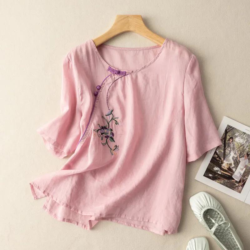 2024 Sommer Damen Bestickte Retro Baumwolle Leinen Bluse mit Schräger Knopfleiste und Froschknöpfen