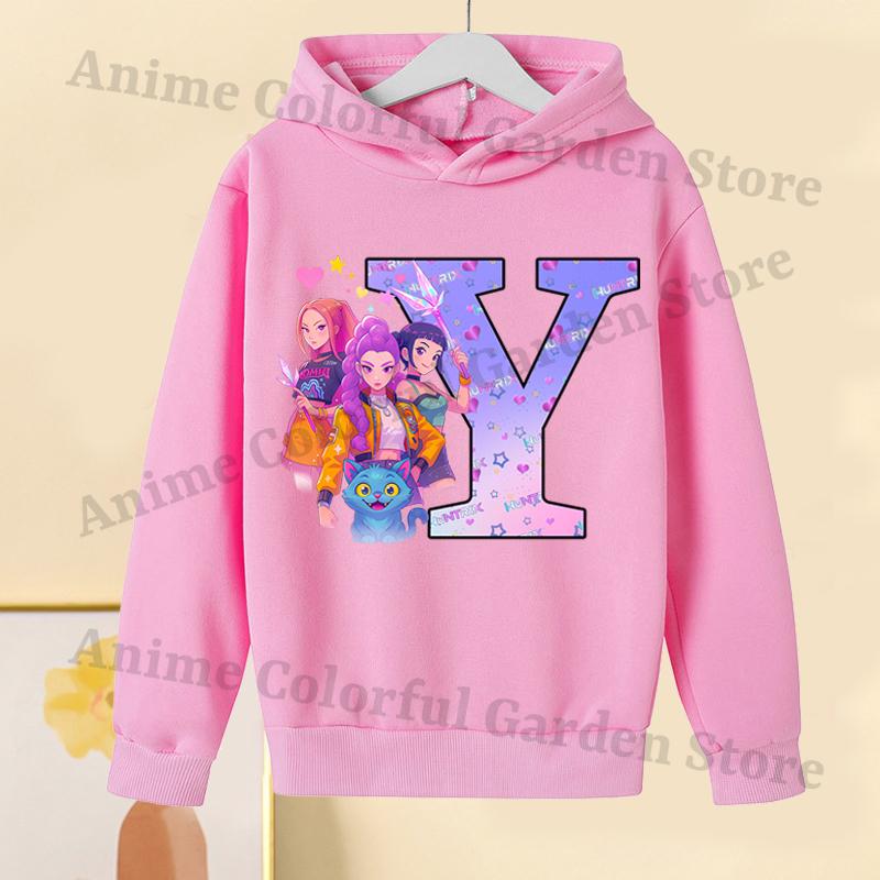 KPop Dämonenjäger Pinke Hoodies für Kinder Cartoon Buchstaben bedrucktes Kapuzensweatshirt Mädchen Herbstmode Hoodie Kinderkleidung