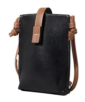 Stylish Genuine Leather Sacoche Smartphone Shoulder Pouch Mini Shoulder Bag for Women with Card Case [Four Leaf] (Black)