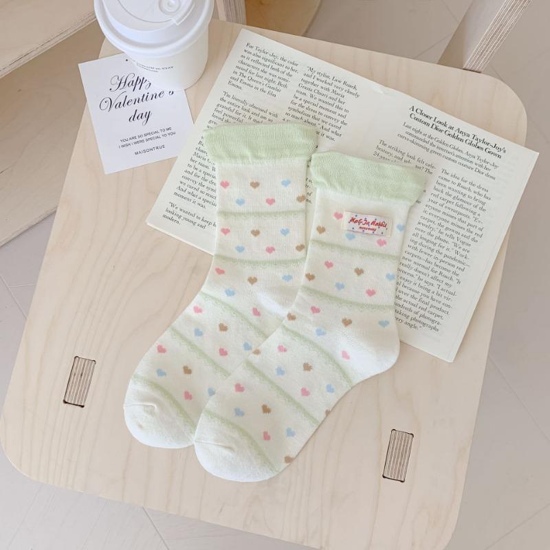 Damen Frühling und Herbst Lieblich Gepunktet Süß Cartoon mit Stofflogo In der Tube Frotteesocken