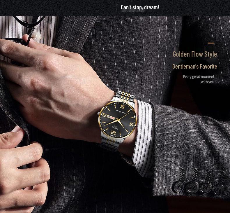 Men's Ultra-Thin Luminous Waterproof Alloy Wristwatch with English-Chinese Calendar and Solid Steel Band