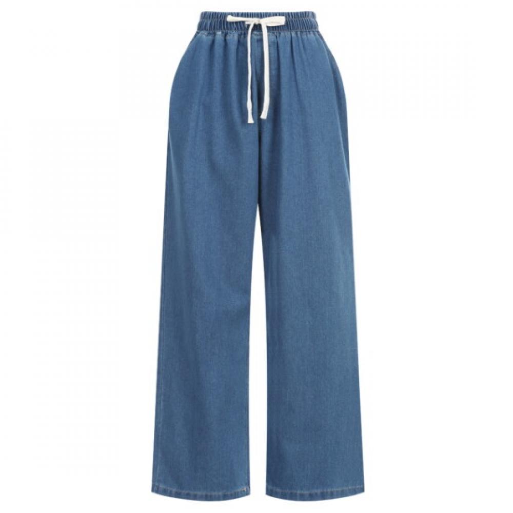 Shop Women Denim Wide Pants With WaistbAnd And Pockets Dark Blue Pic Wpt 20311