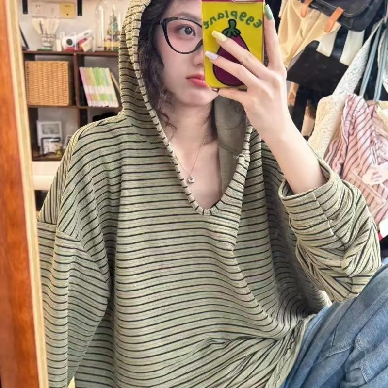 

New Spring Style Lazy Style Black and White Long-sleeved Hooded Loose Casual Top Trendy Early Autumn Striped 2XL зелений