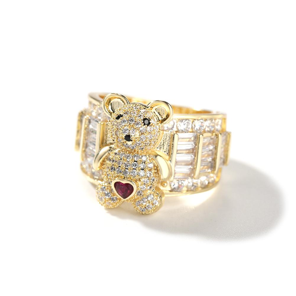 

THE BLING KING 3D Cute Love Bear Baguettecz Ring Iced Out 5A+ Cubic Zirconia HipHop Ring Delicate Jewelry For Women Girl resizable золотий
