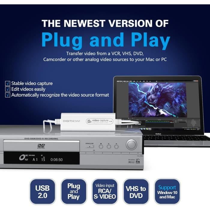 DIGITNOW USB 2.0 karta pro zachytávání videa, převodník VHS videorekordéru TV na DVD