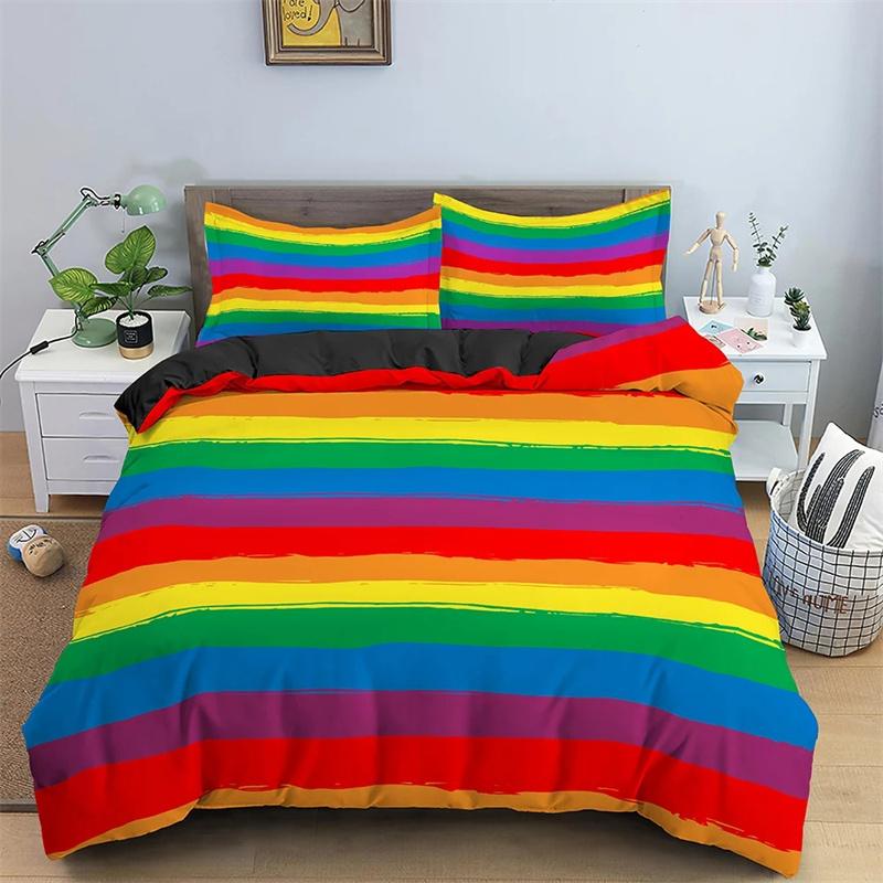 Rainbow Printing Bedding Set Colorful Stripe Soft,Comfortable and Breathable Comforter Cover King Queen Size Bedclothes Set 3pcs