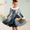 Girls Black High Neck White Furry Trim Long Sleeve Tie Waist Floral Printed A Line Flared Dress