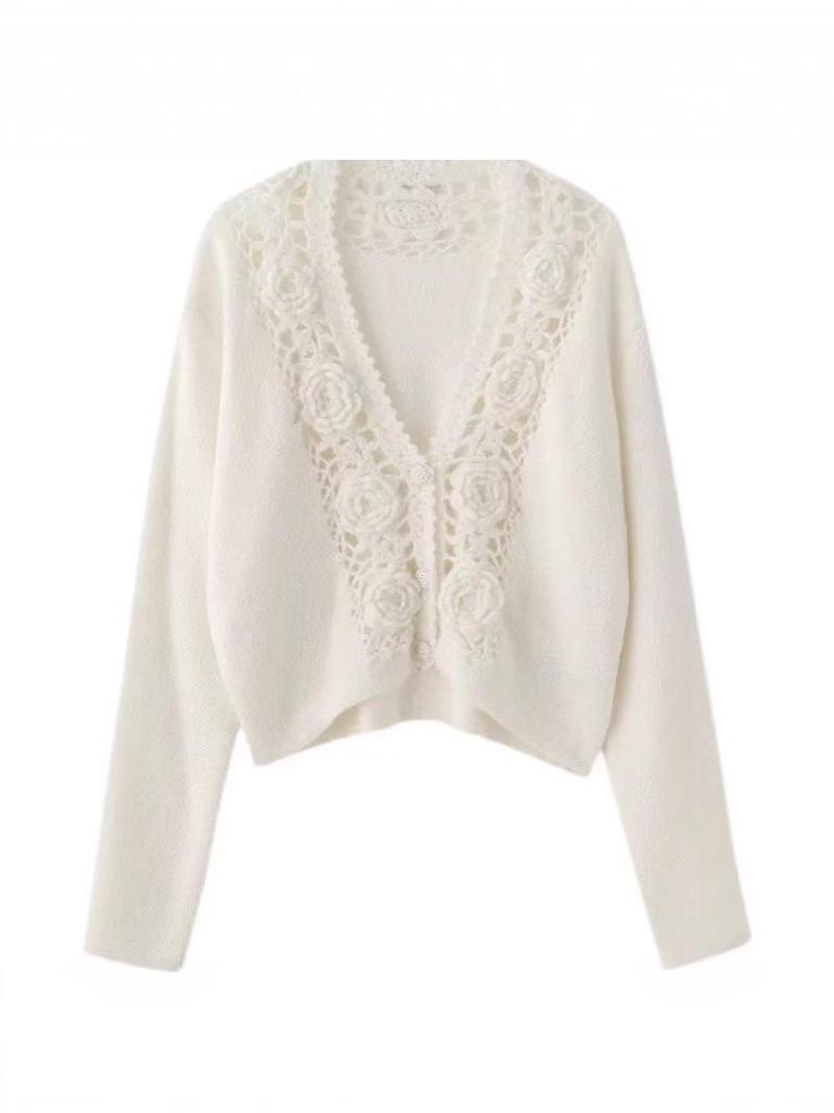 Korean Style 3D Rose V-Neck Wool Cardigan Sweater for Women