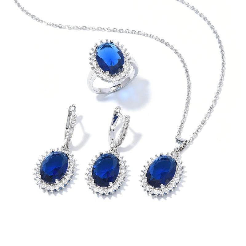 Explosive Oval Zircon Set Super Flash Ring Earrings Necklace Jewelry Set
