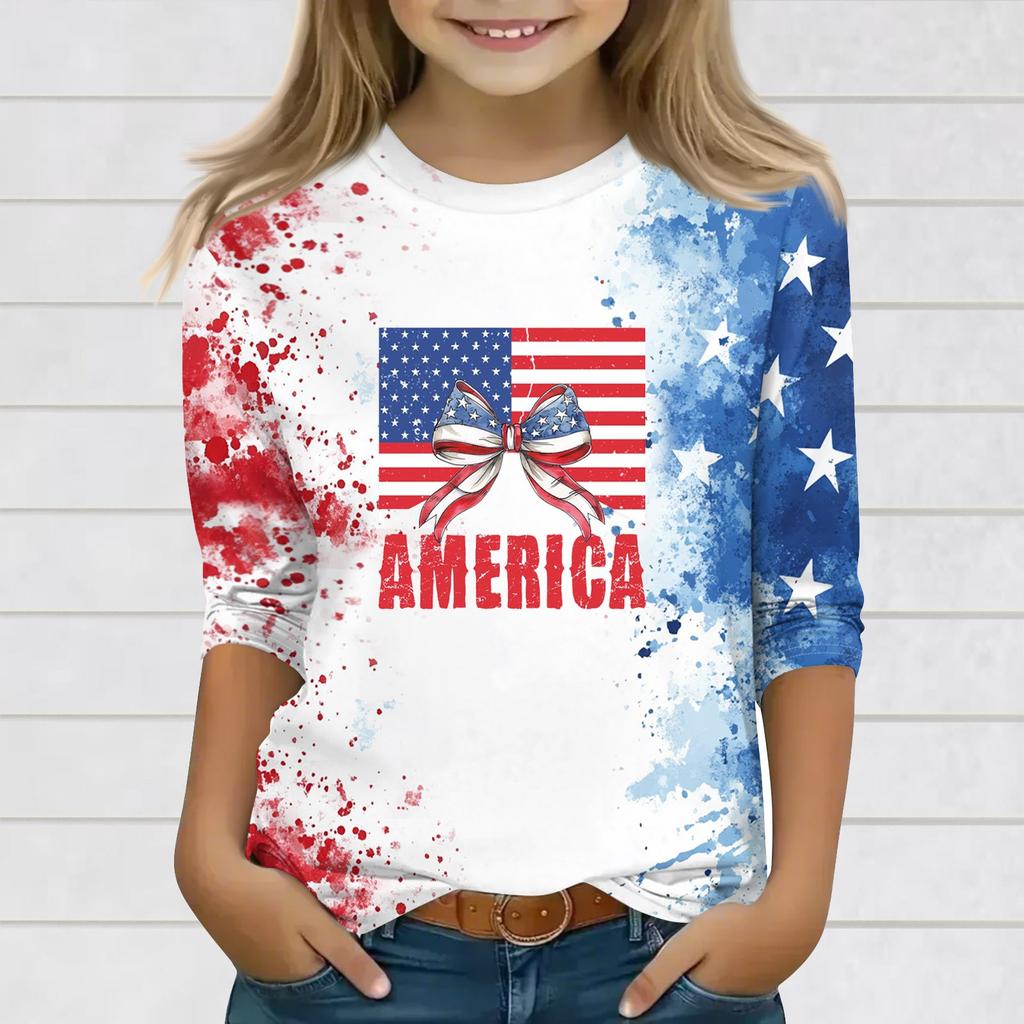 Print Tops For Youth Girls Round Neck 3/4 Sleeves T-Shirts Trendy Tops Outfit Tees