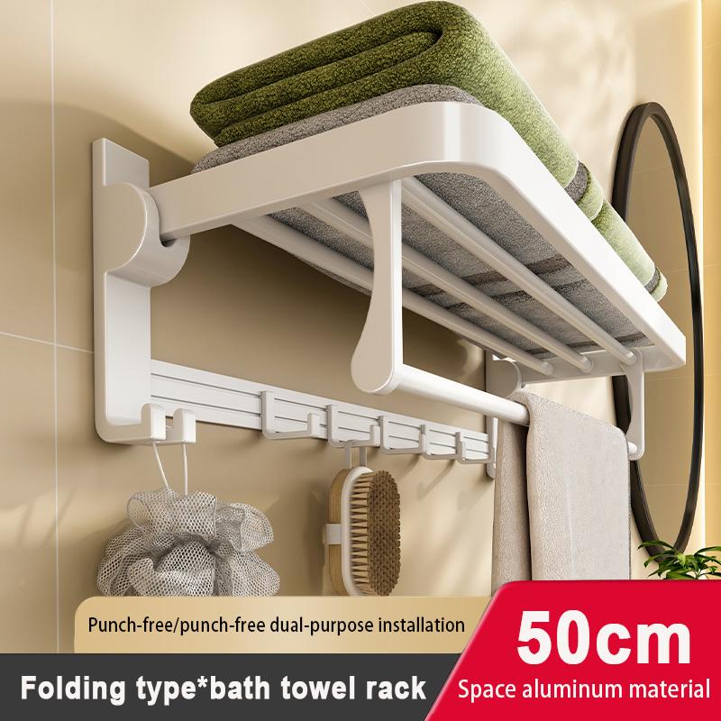 White Towel Rack Foldable Wall Mounted Aluminium Shelves Toilet Bathroom Hardware Pendant Set Bath Towel Holder Rod