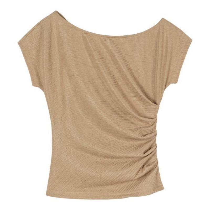 

Летняя новая модная футболка с косым плечом и открытой ключицей в складку для женщин XL темно-коричневого