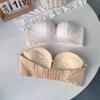 Reggiseno senza spalline pizzo penna loda reggiseno bordo antiscivolo senza ferretto intimo donne seno piccolo raccoglie reggiseno senza spalline