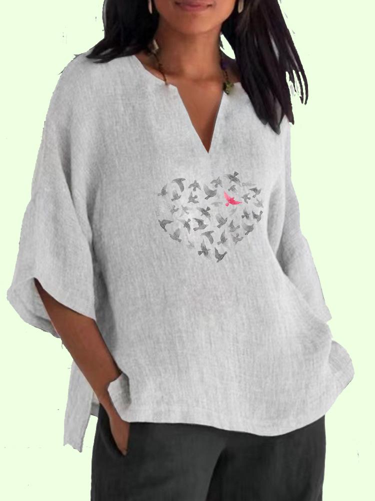 

Женская повседневная свободная рубашка, женский топ с v-образным вырезом, модный принт, хлопковые льняные блузки с длинными рукавами 3/4