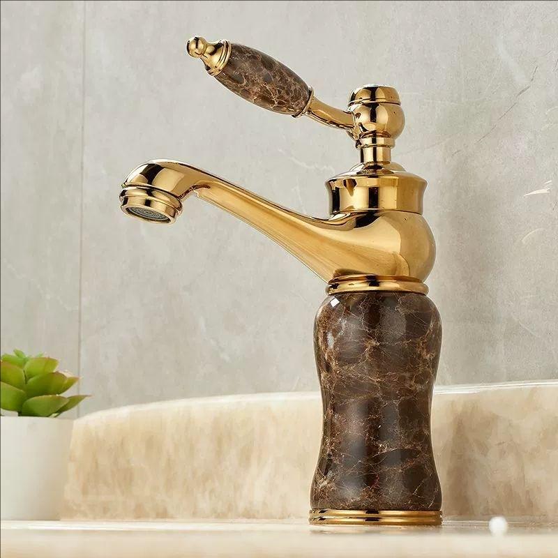Rose Gold Luxury Bathroom Basin Faucet Single Jade Handle Vanity Sink Mixers Water Taps Brass Natural Jade Basin Sink Faucet