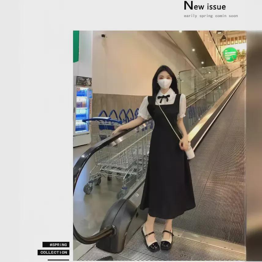 Women's Large French College Style Black Two-Piece Polo Dress - Waist Slimming A-Line Summer Skirt