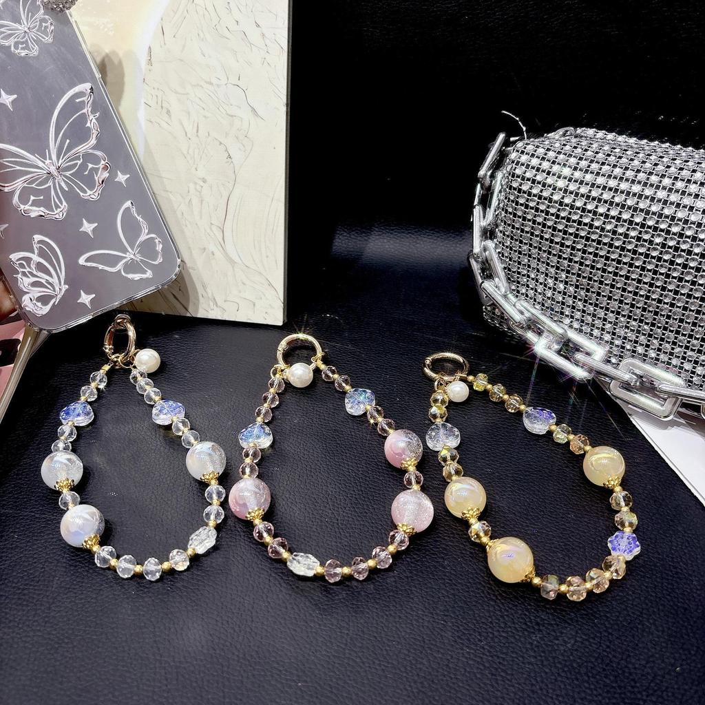 Luxus Buntes Herz Kristall Perlen Handy & Handtasche Handgelenk Lanyard Schlüsselanhänger