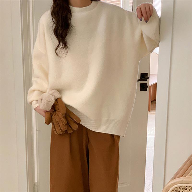 Retro Solid Color Hong Kong Flavor Round Neck Pullover Sweater Women's Autumn and Winter New Wear Loose Simple Knitted Sweater Top