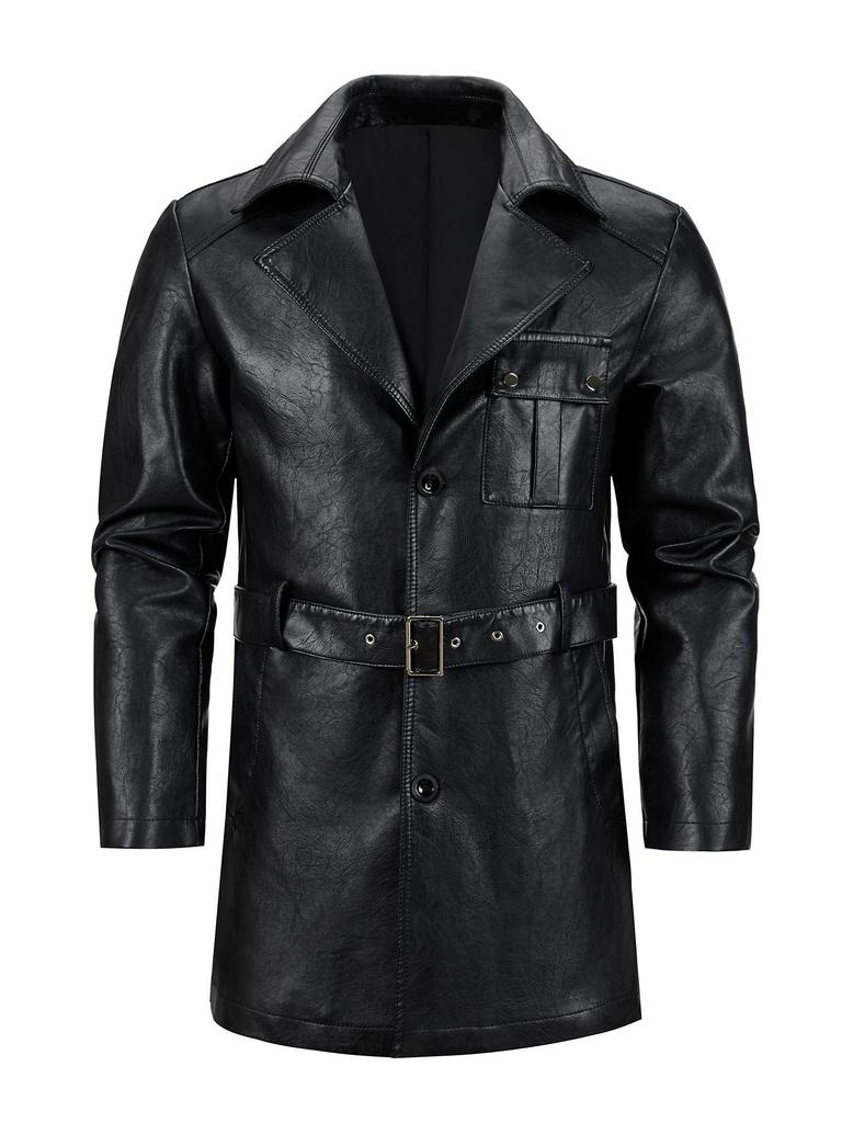 Herren Mittellanger PU-Leder Trenchcoat - Einreihige Reversjacke, Europäisch-Amerikanischer Stil Oberbekleidung