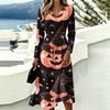 Women's Casual Halloween Print Long Sleeve V-Neck Dress with Pockets